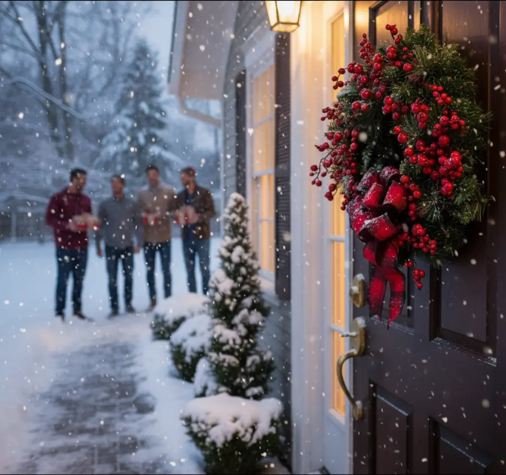 Couronne de Noël à lanterne lumineuse avec fleurs et ruban Fééries Mancelya