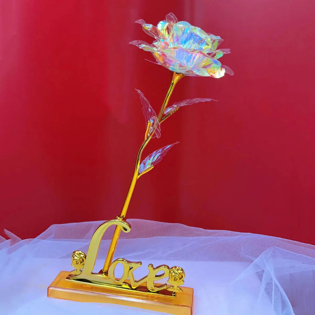 Rose éternelle plaquée Or 24K avec support LOVE Fééries Mancelya
