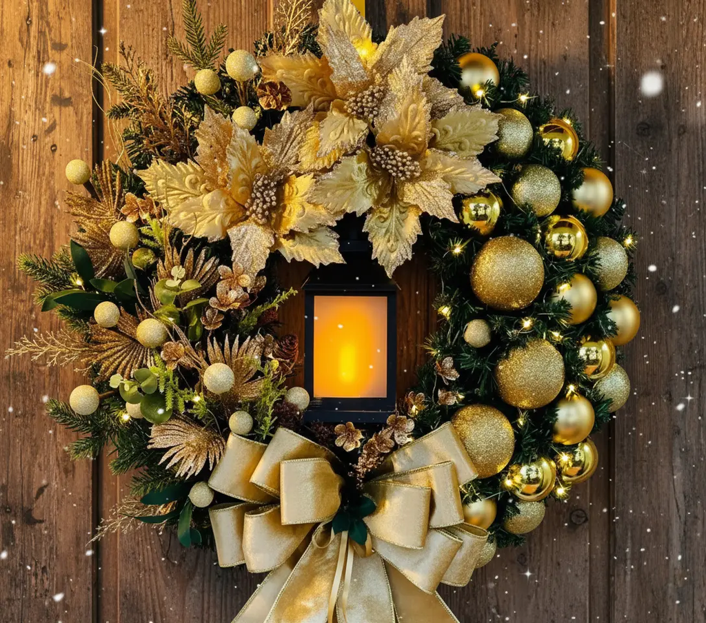 Couronne de Noël à lanterne lumineuse avec fleurs et ruban Fééries Mancelya