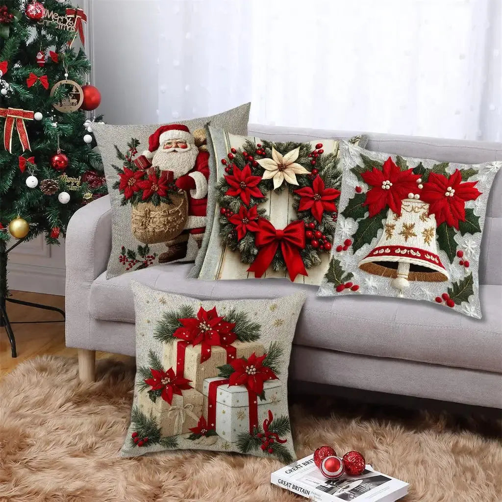 Housse de coussin festif avec fleurs et nœuds rouge Fééries Mancelya